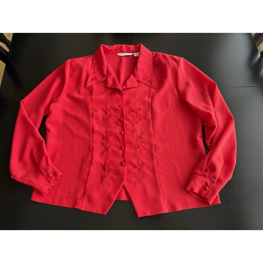 Ship 'N Shore Red Blouse 14 Embroidery Beading Covered Buttons